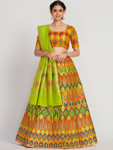 MIMOSA Women Orange & Green Zari Woven Design Semi-Stitched Lehenga & Unstitched Choli with Dupatta
MIMOSA Women Orange & Green Zari Woven Design Semi-Stitched Lehenga & Unstitched Choli with Dupatta