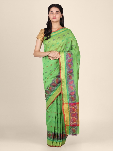 CLAI WORLD Green & Pink Silk Blend Woven Design Handloom Saree