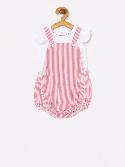 BABY GO Girls Pink & White Striped Dungarees With T-Shirt