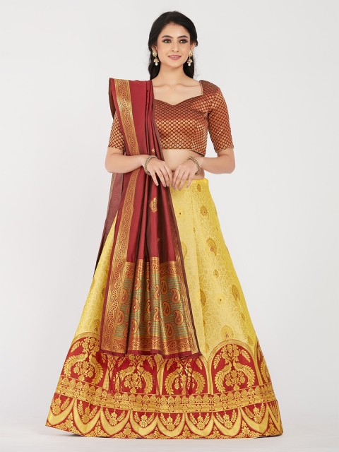 MIMOSA Women Maroon & Yellow Zari Woven Design Semi-Stitched Lehenga & Unstitched Choli with Dupatta
MIMOSA Women Maroon & Yellow Zari Woven Design Semi-Stitched Lehenga & Unstitched Choli with Dupatta