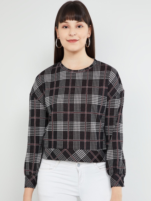 max Women Black & White Checked Pullover Sweatshirt