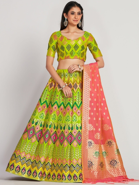 MIMOSA Women Green & Coral Pink Zari Woven Design Semi-Stitched Lehenga & Unstitched Choli with Dupatta
MIMOSA Women Green & Coral Pink Zari Woven Design Semi-Stitched Lehenga & Unstitched Choli with Dupatta