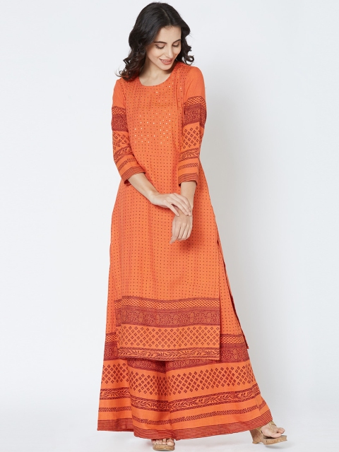 FASHOR Women Orange Printed Kurta with Palazzos