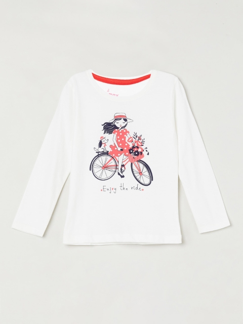 max Girls White Printed Round Neck Pure Cotton T-shirt
