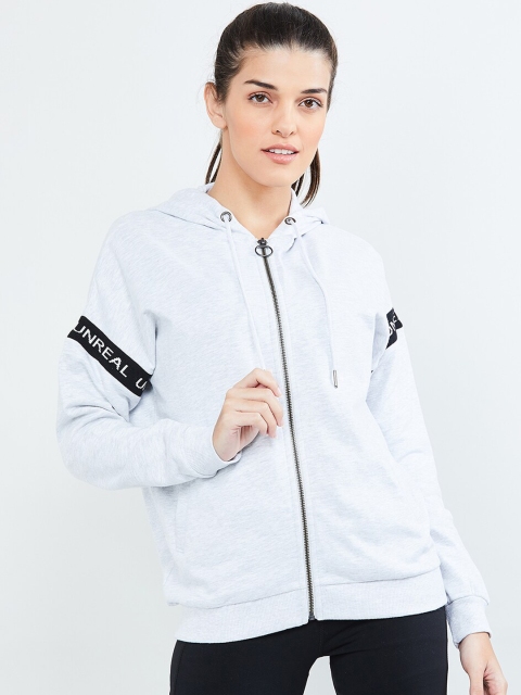 max Women Grey Melange Solid Hooded Sweatshirt