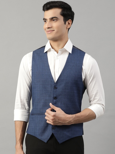 HARSAM Men Blue Checked Slim Fit Pure Cotton Waistcoat