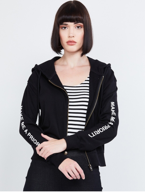max Women Black Solid Hooded Cotton Sweatshirt