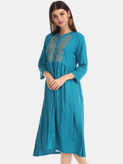Anahi Women Turquoise Blue Yoke Design Anarkali Kurta