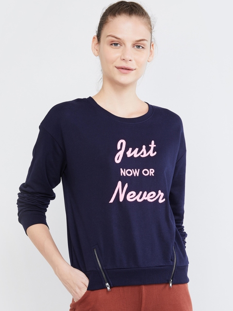 max Women Navy Blue Printed Sweatshirt