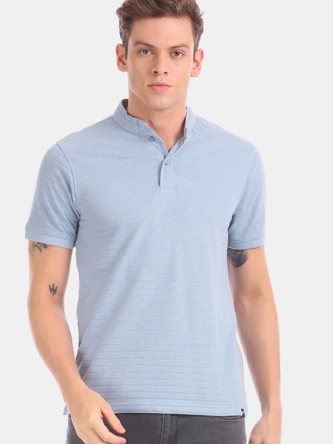 Ruggers Men Blue Self Design Mandarin Collar Pure Cotton T-shirt