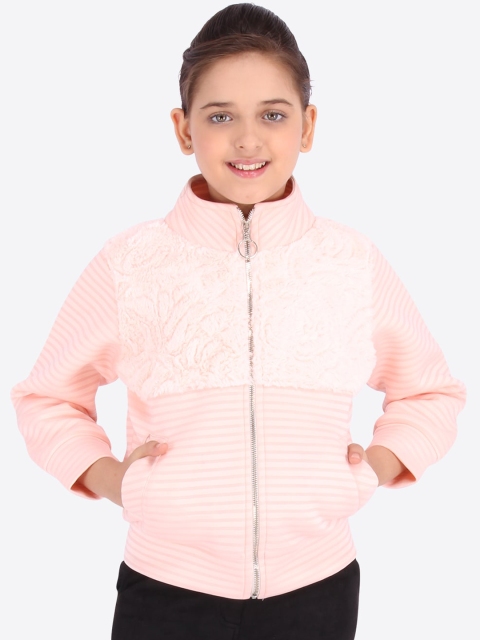 CUTECUMBER Girls Peach-Coloured Self Design Bomber
