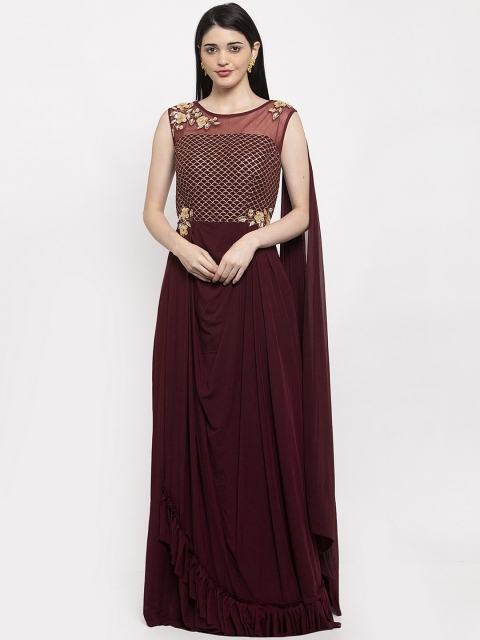 KHALOM Women Burgundy Embellished Maxi Dress