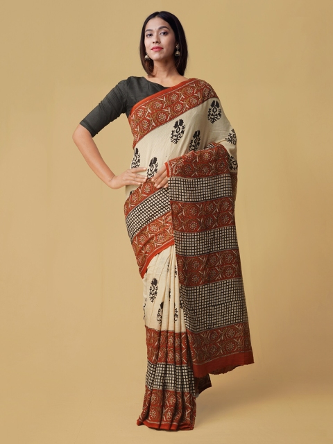 Unnati Silks Cream-Coloured & Red Pure Cotton Printed Kota Saree