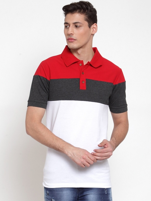 Kalt Men Red & White Colourblocked Polo Collar T-shirt