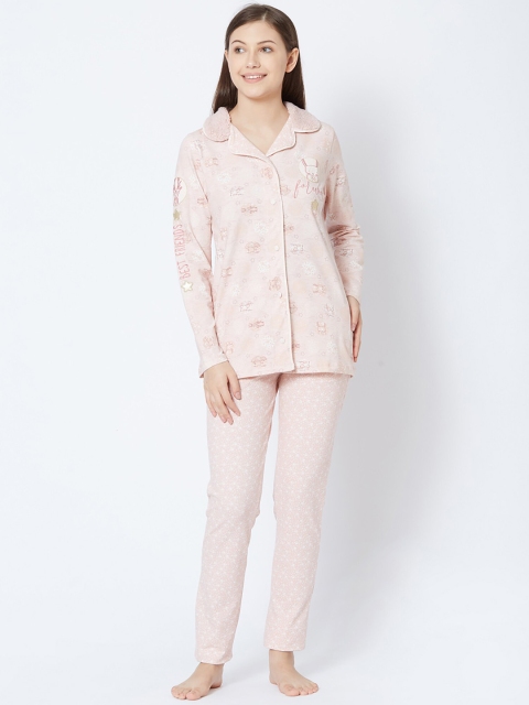 Sweet Dreams Women Baby Pink & White Printed Night suit