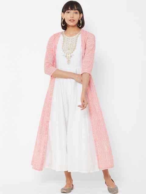 Vedic Women Pink Striped Open Front Jacket