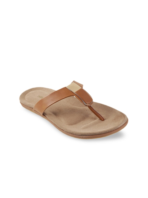 Mochi Women Tan Brown Solid T-Strap Flats