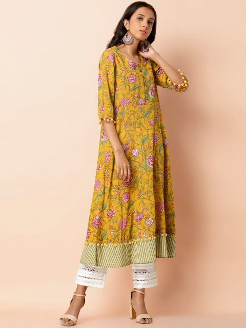 INDYA Women Yellow & Green Printed Anarkali Kurta