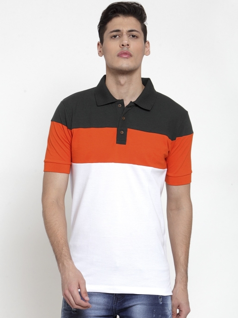 Kalt Men White & Orange Colourblocked Polo Collar T-shirt