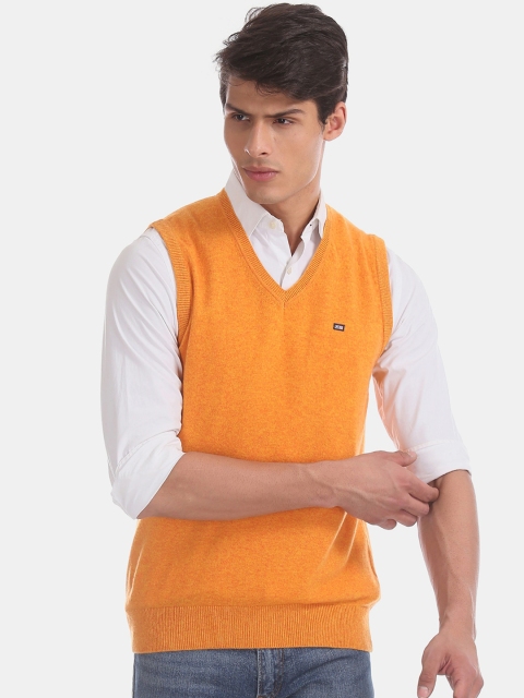 Arrow Sport Men Mustard Yellow Solid Sweater Vest