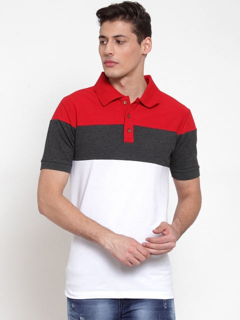 Kalt Men White & Red Colourblocked Polo Collar T-shirt