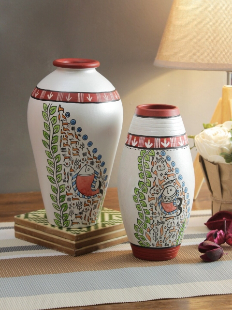 Aapno Rajasthan Set of 2 Off-White & Brown Warli Painted Terracotta Vases