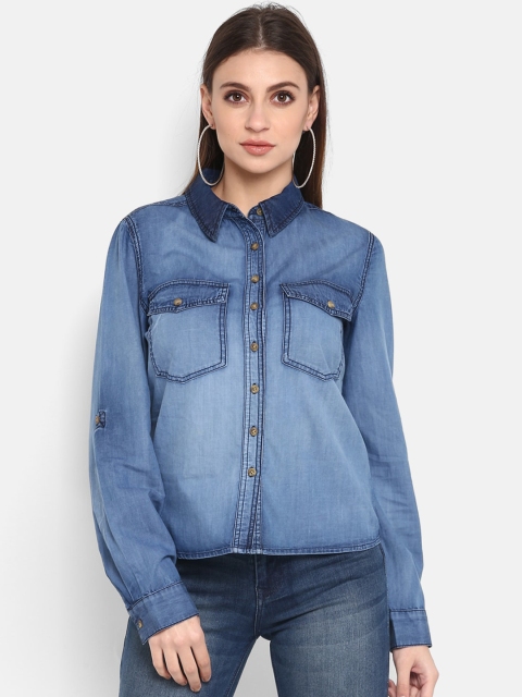 FOSH Women Blue Straight Regular Fit Faded Denim Casual Shirt