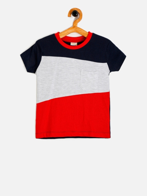 Aomi Boys Navy Blue & Red Colourblocked Round Neck T-shirt