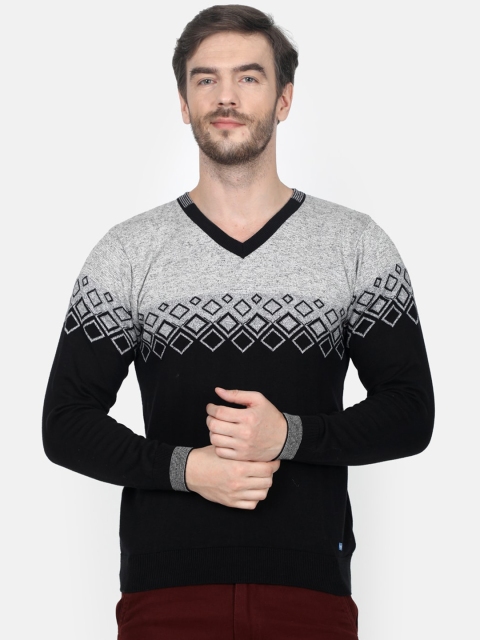 Monte Carlo Men Black & Grey Melange Colourblocked Pullover Sweater