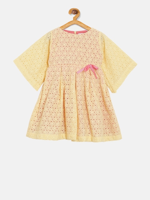 Aomi Girls Yellow Self Design Fit and Flare Dress
