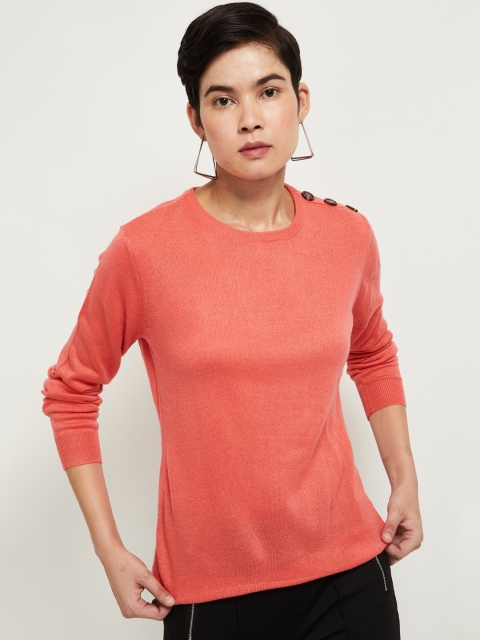 max Women Peach-Coloured Solid Pullover Sweater
