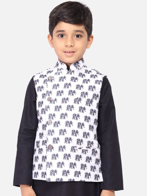 TABARD Boys White & Black Printed Pure Cotton Nehru Jacket