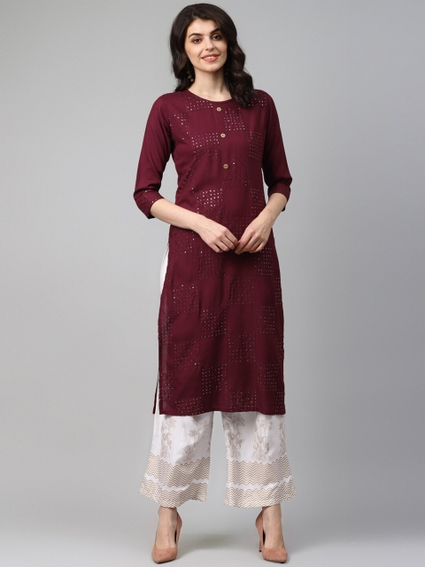 Yufta Women Maroon Self Design Kurta with Palazzos