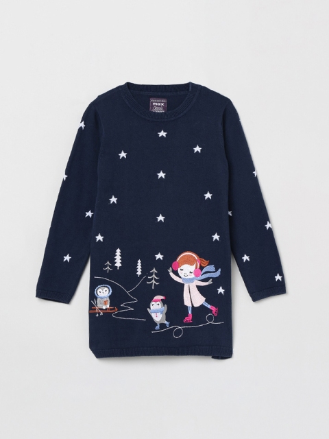 max Girls Navy Blue & White Embroidered Cotton Longline Sweater