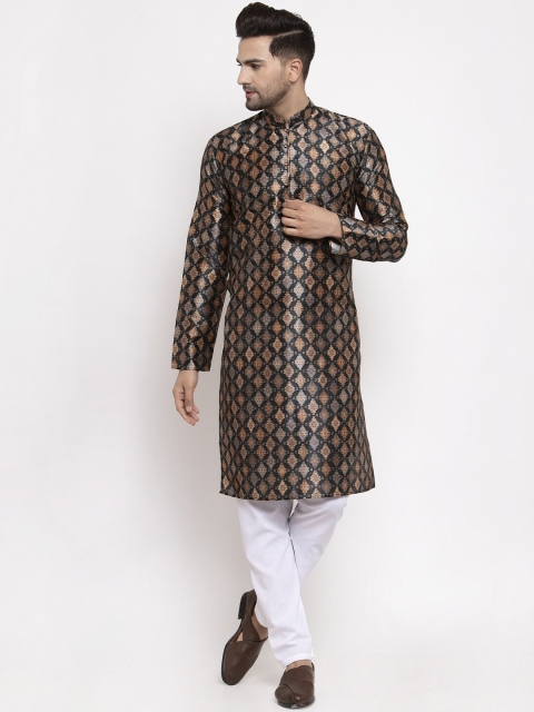 Jompers Men Black & Gold-Toned Woven Design Kurta with Pyjamas