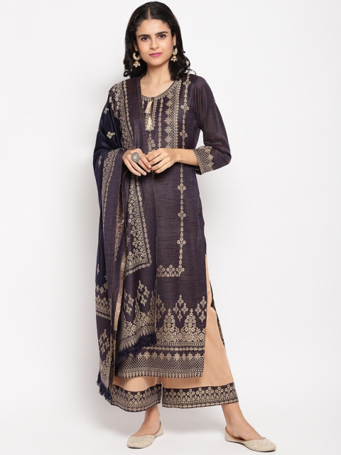 HK colours of fashion Women Navy & Peach-Coloured Embroidered Unstitched Dress Material, Navy blue