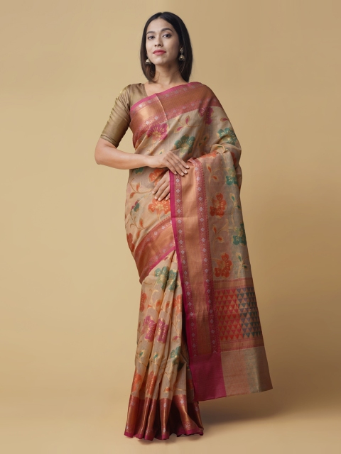 Unnati Silks Beige & Red Silk Cotton Woven Design Banarasi Saree