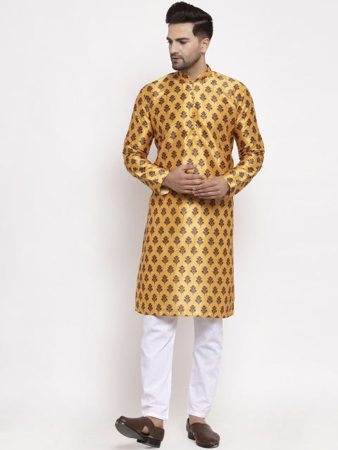 Jompers Men Mustard Yellow & Brown Printed Kurta with Pyjamas