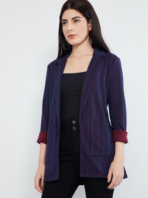 max Women Navy Blue Striped Open Front Jacket