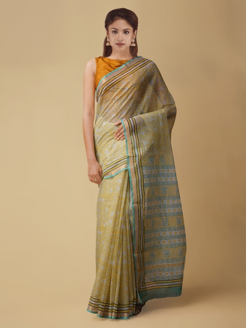 Unnati Silks Yellow & Blue Handloom Pure Cotton Printed Kota Saree
