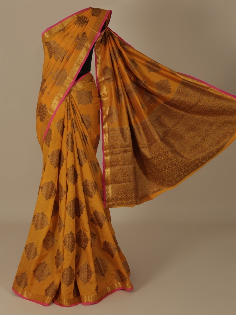 Pothys Yellow & Gold-Toned Jute Silk Woven Design Saree
