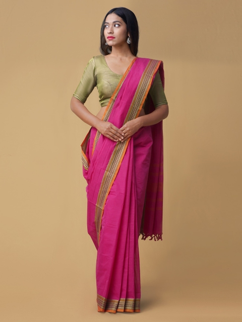 Unnati Silks Pink Solid Handloom Pure Kanchi Cotton Saree