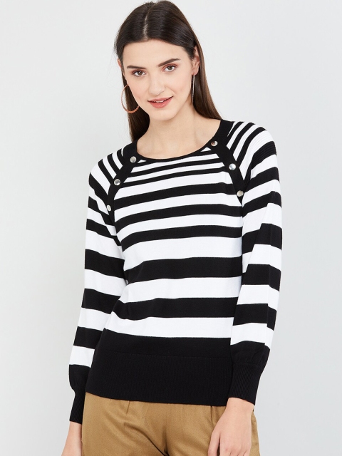 max Women White & Black Striped Pullover
