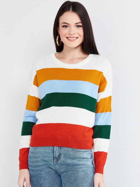 max Women Off White & Red Striped Pullover Sweater