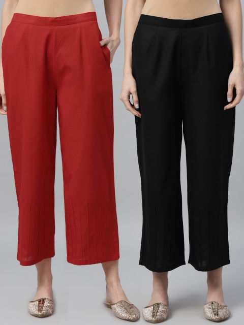 Libas Women Pack Of 2 Solid Cropped Straight Palazzos, Black