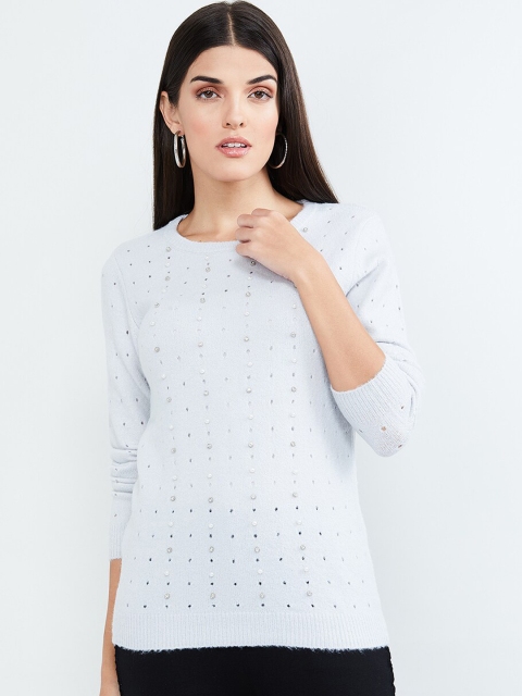 max Women Pastel Grey Embellished Pullover Sweater