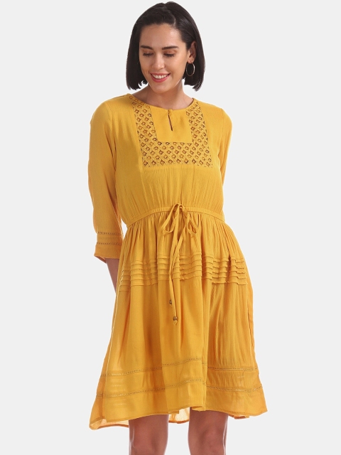 Cherokee Women Mustard Yellow Solid A-Line Dress
