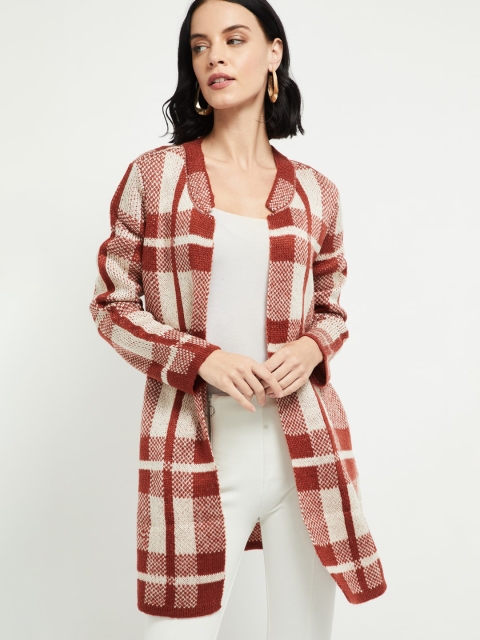 max Women Brown & Beige Checked Front-Open Sweater