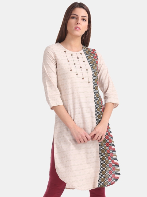 Karigari Women Cream-Coloured Checked A-Line Kurta