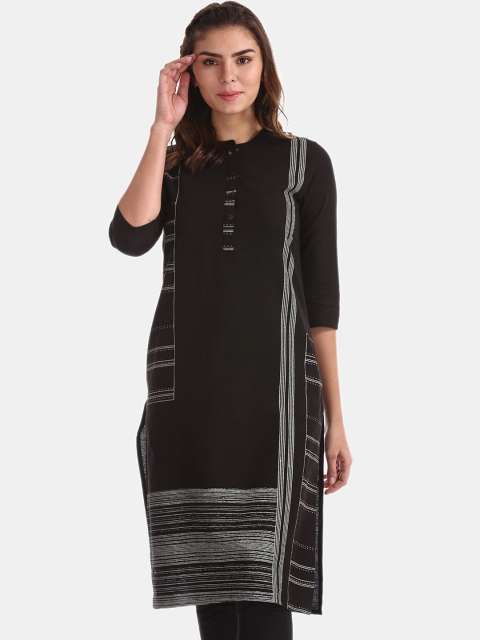 Karigari Women Black & Grey Striped Straight Kurta